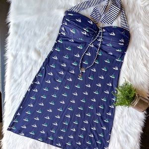 Tommy Bahama Halter Swim Navy Blue Dress Stripe Padded Swimsuit Sailboat S